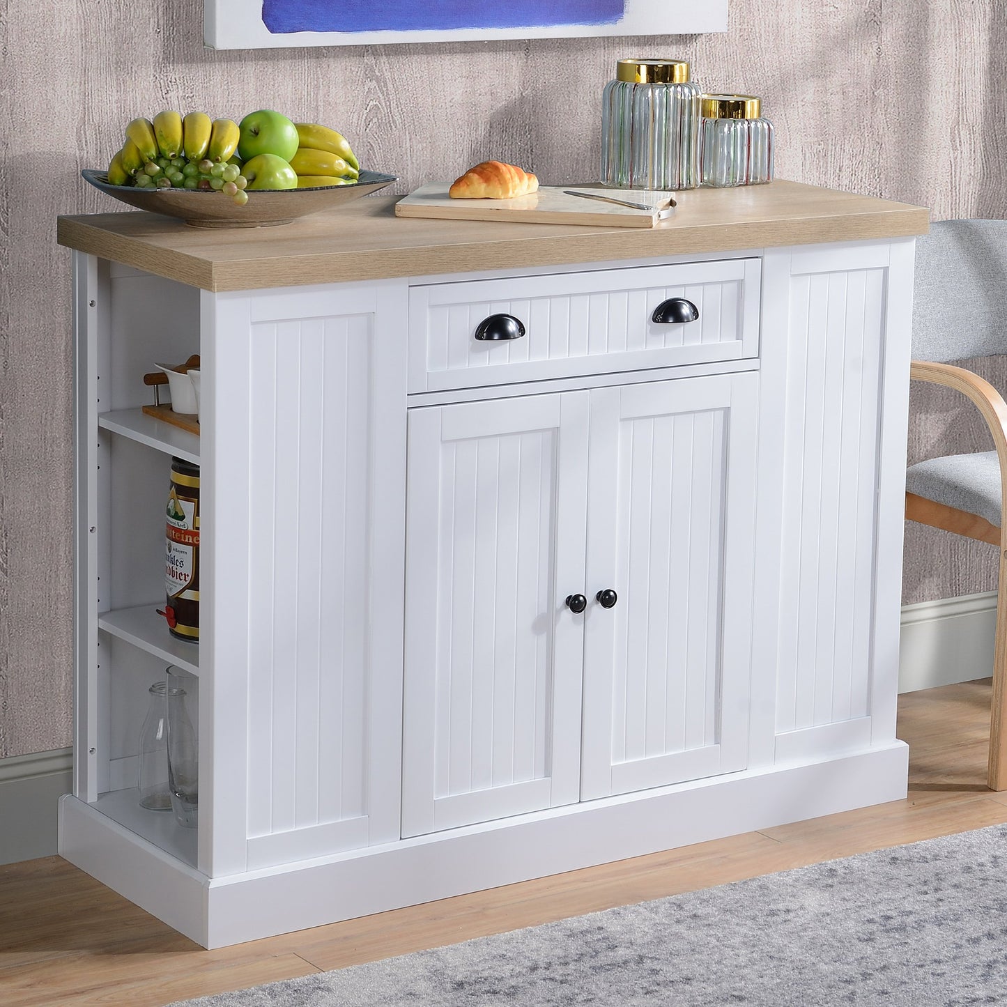 HOMCOM Fluted-Style Wooden Kitchen Island, Storage Cabinet with